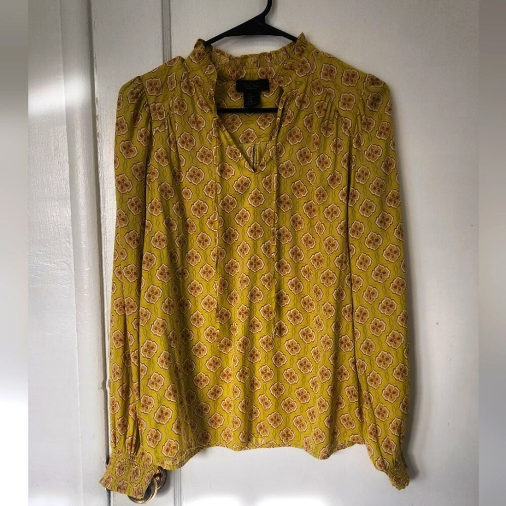Rachel Roy Chartreuse Floral geometric print Blouse Long Sleeve Tie Front medium